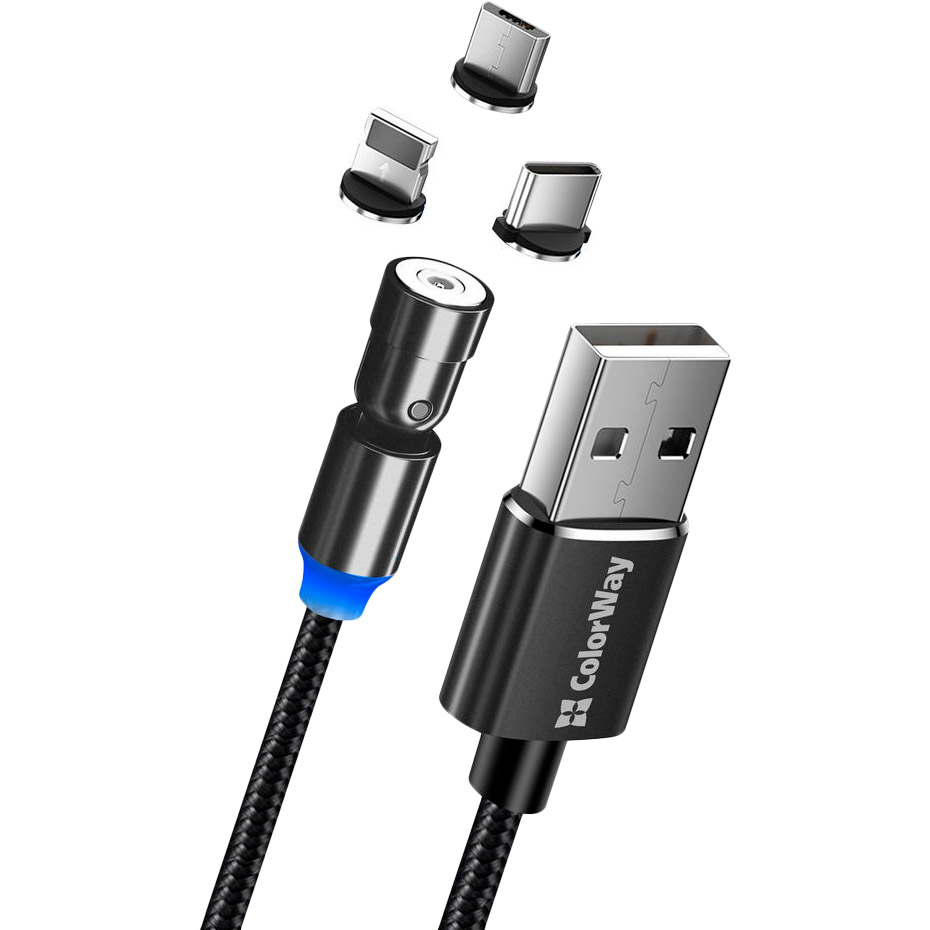 Кабель COLORWAY Magnetic Rotation 540° USB – Lightning/micro-USB/USB Type-C Black 1 м (CW-CBUU037-BK) Тип USB – Lightning/micro-USB/USB Type-C