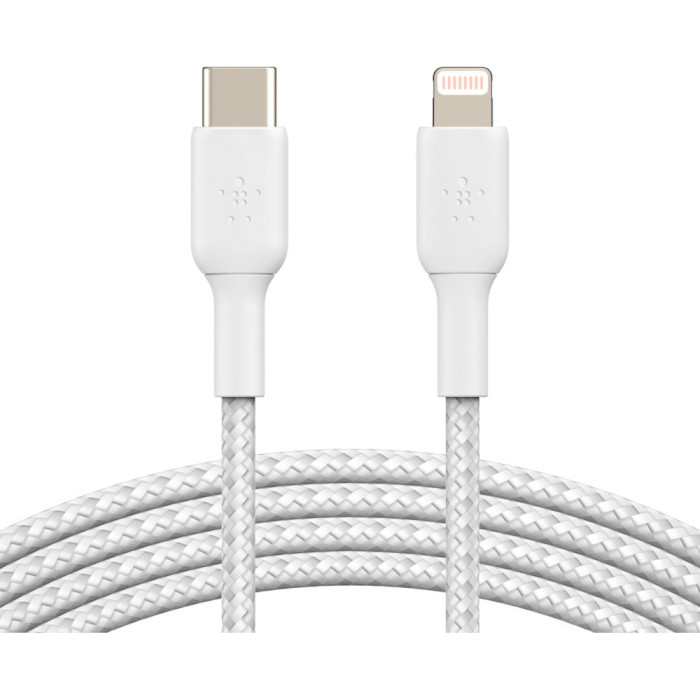 Кабель BELKIN USB-С - Lightning BRAIDED 1m white (CAA004BT1MWH)