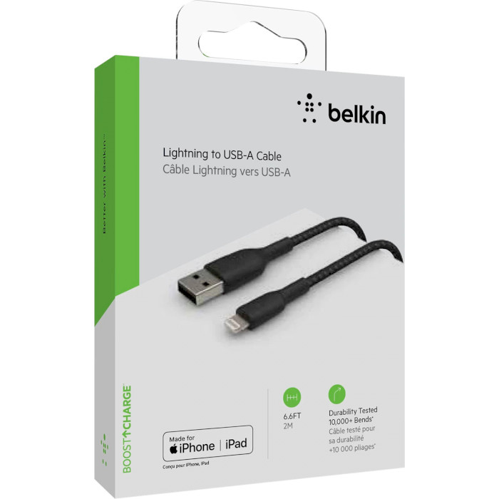 Кабель BELKIN USB-A - Lightning BRAIDED 2 м black (CAA002BT2MBK) Длина 2