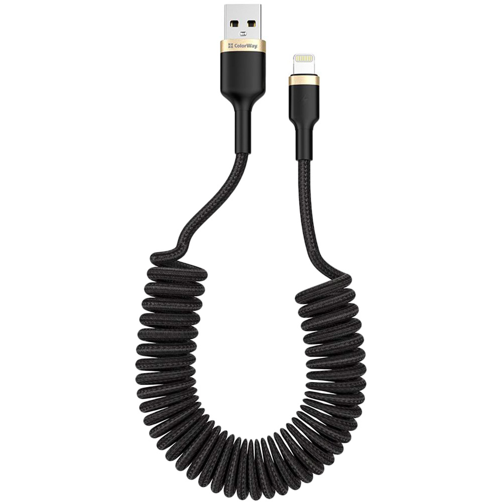 

Кабель Colorway USB - Apple Lightning (spiral) 2.4А 1м Black (CW-CBUL051-BK), USB - Lightning (spiral) 2.4А 35-150 см Black