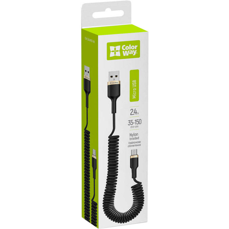 Кабель Colorway USB - Micro-USB (spiral) 2.4А 1м Black (CW-CBUM051-BK) Длина 1