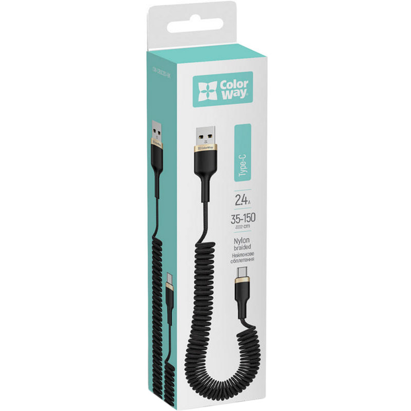 Кабель Colorway USB - USB Type-C (spiral) 2.4А 1м Black (CW-CBUC051-BK) Тип micro-USB - USB Type-С