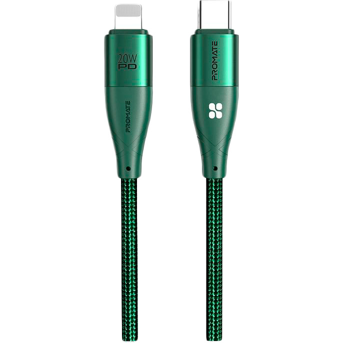 

Кабель PROMATE Lightning - USB Type-C Green (icord-pd20.midnightgreen), Lightning - USB Type-C icord-pd20.midnightgreen