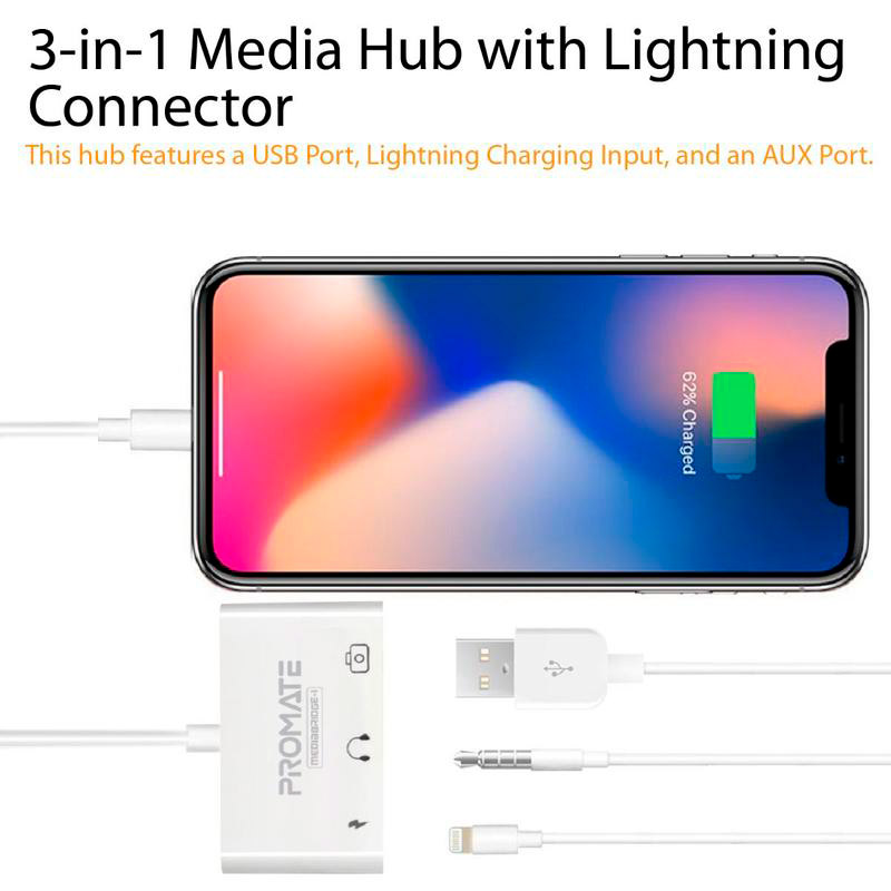 Зовнішній вигляд Адаптер PROMATE Lightning/USB 3.0 OTG+AUX 3.5 мм+10 Вт Lightning-in White (mediabridge-i.white)