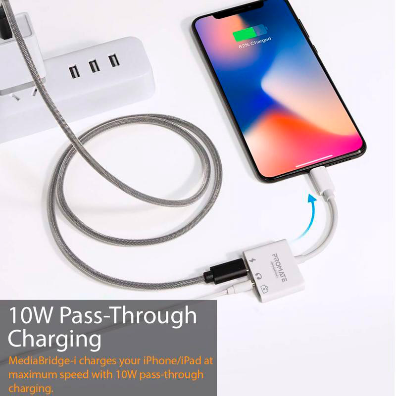 Фото 4 Адаптер PROMATE Lightning/USB 3.0 OTG+AUX 3.5 мм+10 Вт Lightning-in White (mediabridge-i.white)