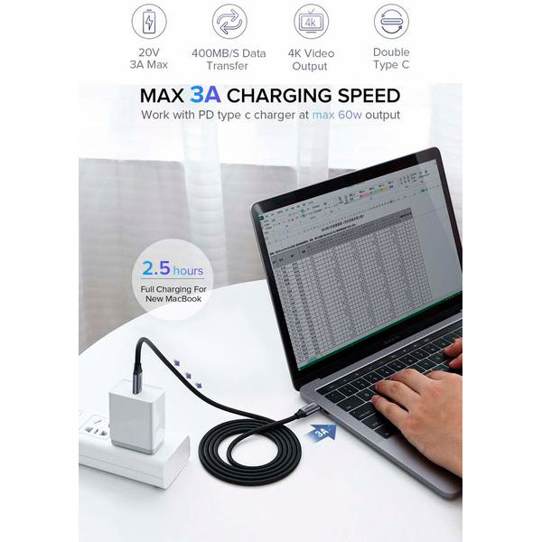 Кабель UGREEN US161 USB Type-C - USB Type-C 60W 3A Gen1 5Gbps Cable 1.5 м Gray (UGR-50751) Довжина 1.5
