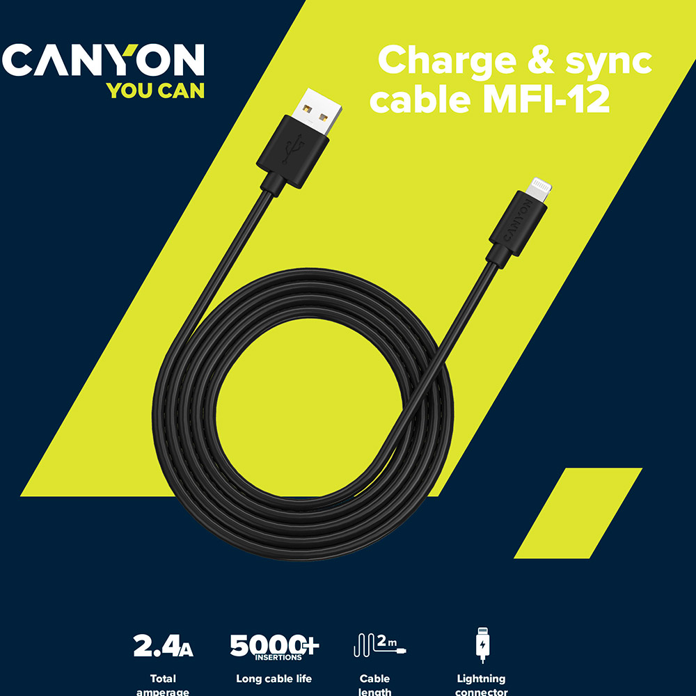 Кабель CANYON MFI-12 Lightning - USB 2m Black (CNS-MFIC12B) Довжина 2
