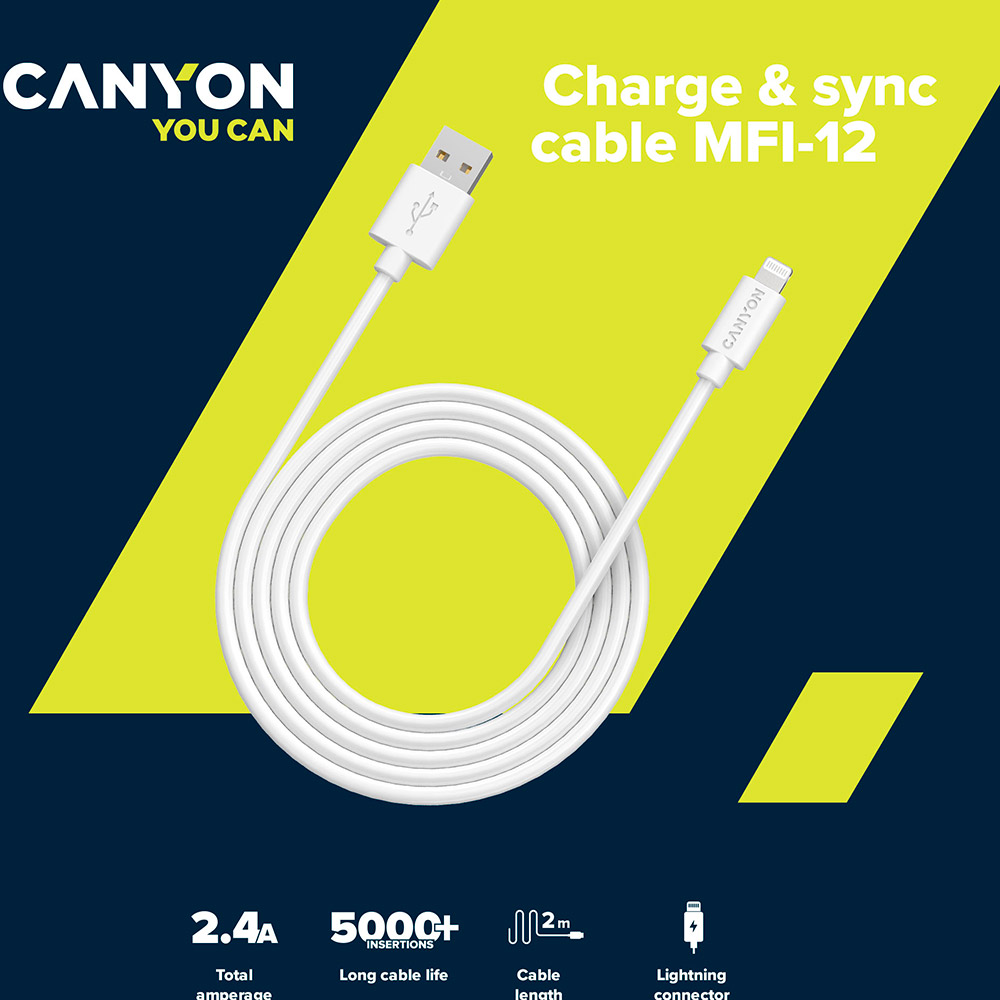 Кабель CANYON MFI-12 Lightning - USB 2m White (CNS-MFIC12W) Довжина 2