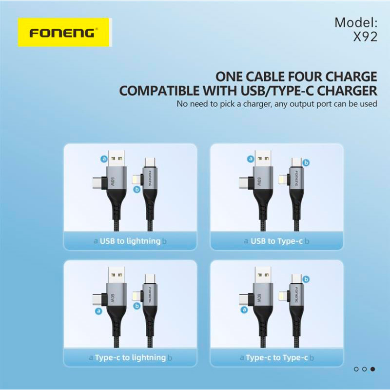 Кабель FONENG X92 4-in-1 (60W) USB/USB-C - USB-C/Lightning 1м Black (X92-CA-FIO) Тип USB Type-С/USB - USB Type-C/Lightning
