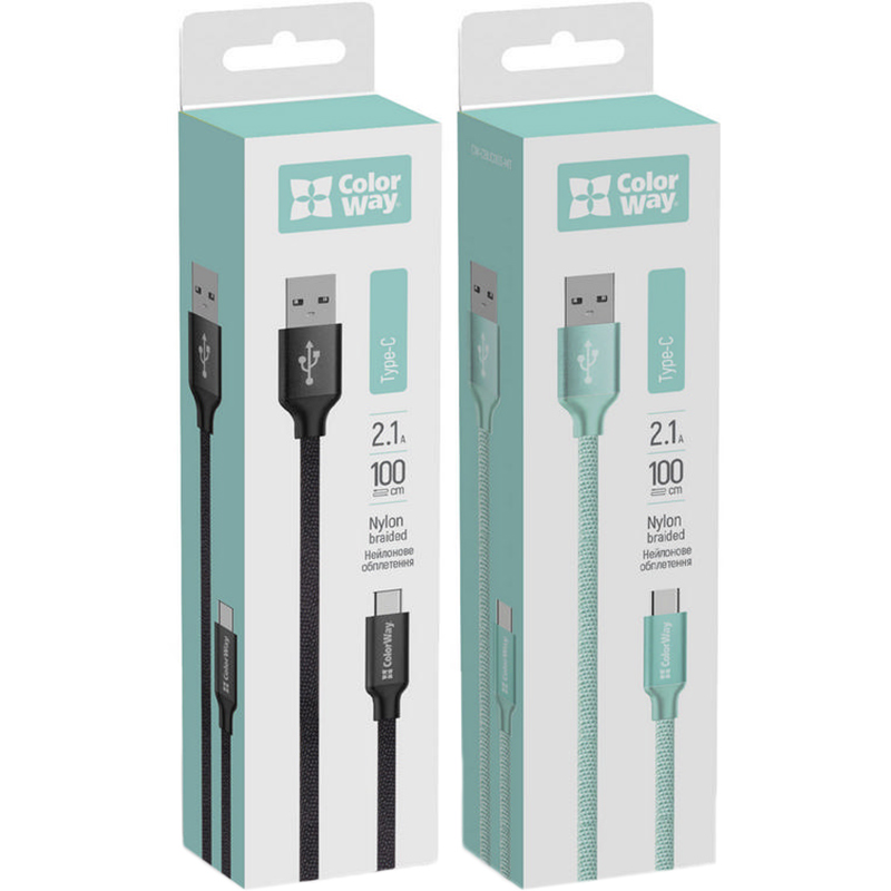 Комплект кабелей COLORWAY USB-USB-C 1м Black + USB-USB-C 1м Mint (CW-CBUC003-BK/CBUC003-MT) Тип USB - USB Type-С