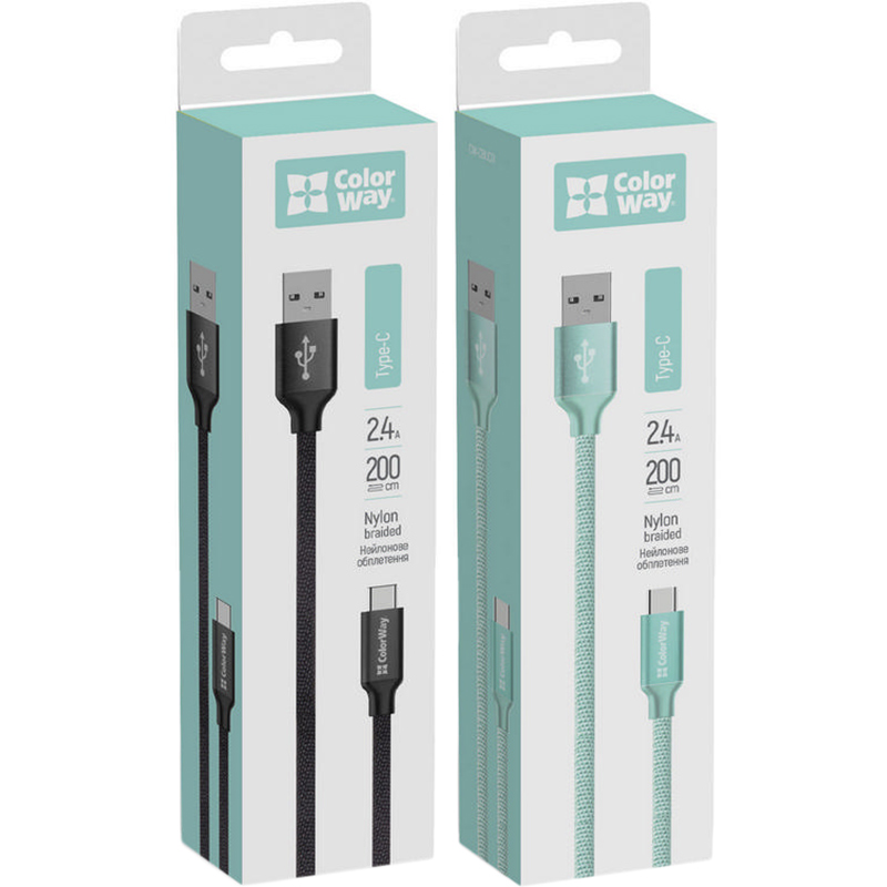 Комплект кабелів COLORWAY USB-USB-C 2м Black + USB-USB-C 2м Mint (CW-CBUC008-BK/CBUC008-MT) Тип USB - USB Type-С