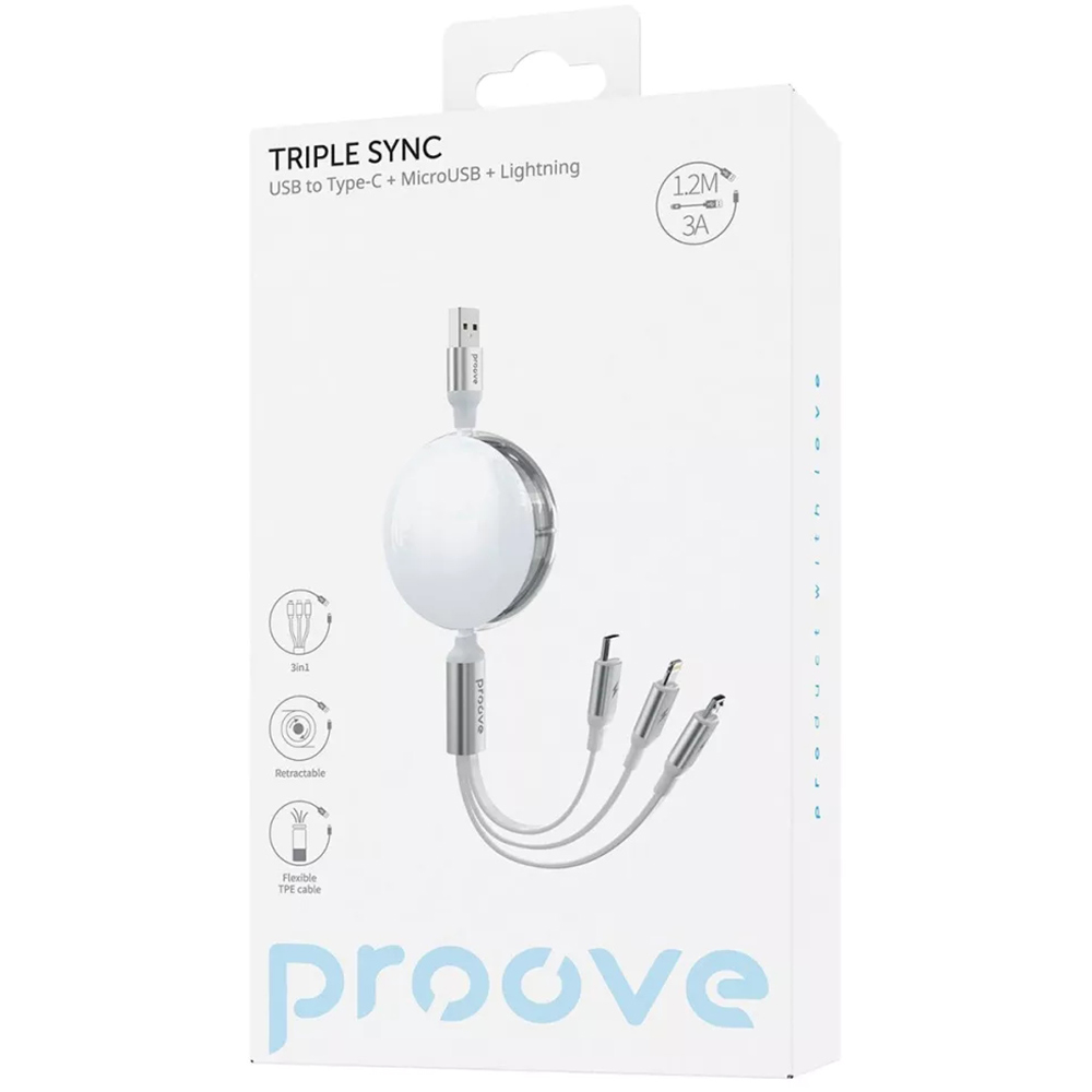 Кабель PROOVE Triple Sync 3 in1 Type-C + Micro USB + Lightning 1.2m White (55771) Тип USB – Lightning/micro-USB/USB Type-C