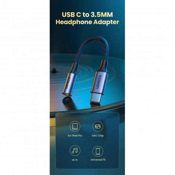 Перехідник UGREEN UGREEN AV161 USB Type-C для 3.5mm Aluminum Shell 10cm Space Gray 80154 (90402018) Довжина 0.1