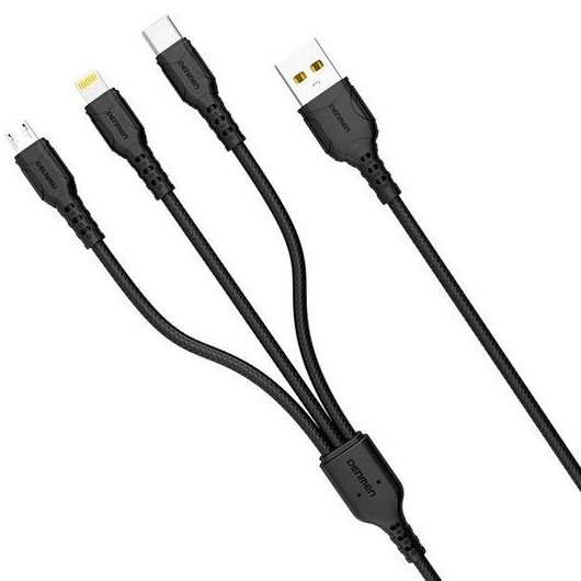 Кабель DENMEN D05E 3-В-1 Lightning/Micro USB/Type-C 1 м Black (DM-D05E-BK)