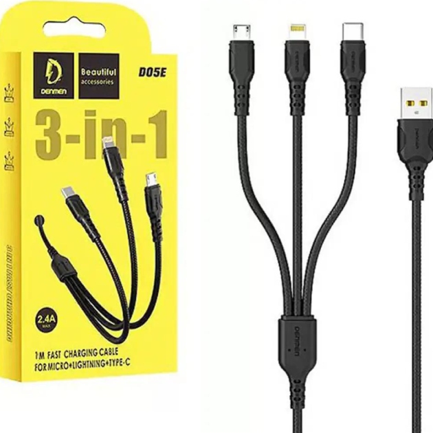 Кабель DENMEN D05E 3-В-1 Lightning/Micro USB/Type-C 1 м Black (DM-D05E-BK) Длина 1