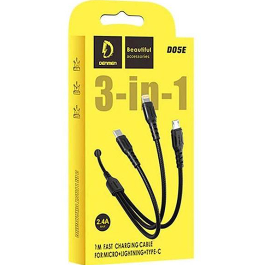 Кабель DENMEN D05E 3-В-1 Lightning/Micro USB/Type-C 1 м Black (DM-D05E-BK) Подсветка False