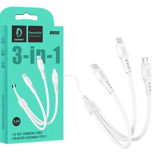 Кабель DENMEN D05E 3-В-1 Lightning/Micro USB/Type-C 1 м White (DM-D05E-WH) Подсветка False