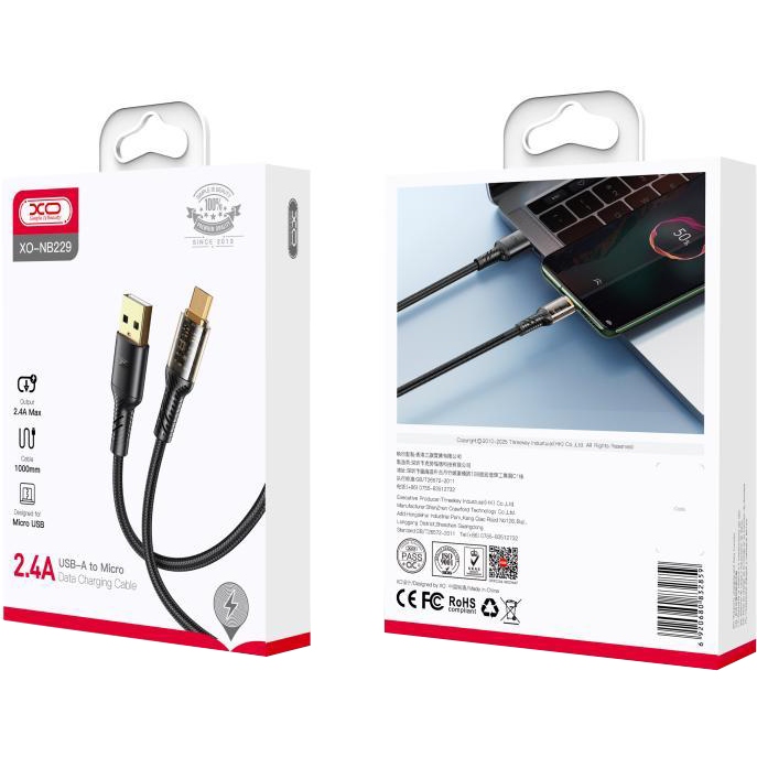 Кабель XO microUSB NB229 2.4A/1m Black (NB229-M-1-BK) Подсветка False