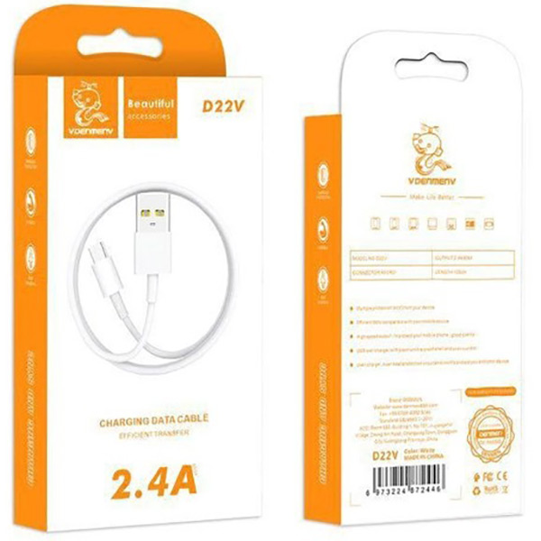 Кабель DENMEN D22V Micro-USB 2.4A 1M White (D22V-WH) Підсвітка False