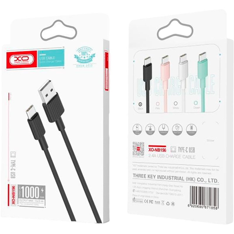 Кабель XO USB - USB Type-C NB156 2.4A/1m Black (NB156-TC-1-BK) Тип USB - USB Type-С