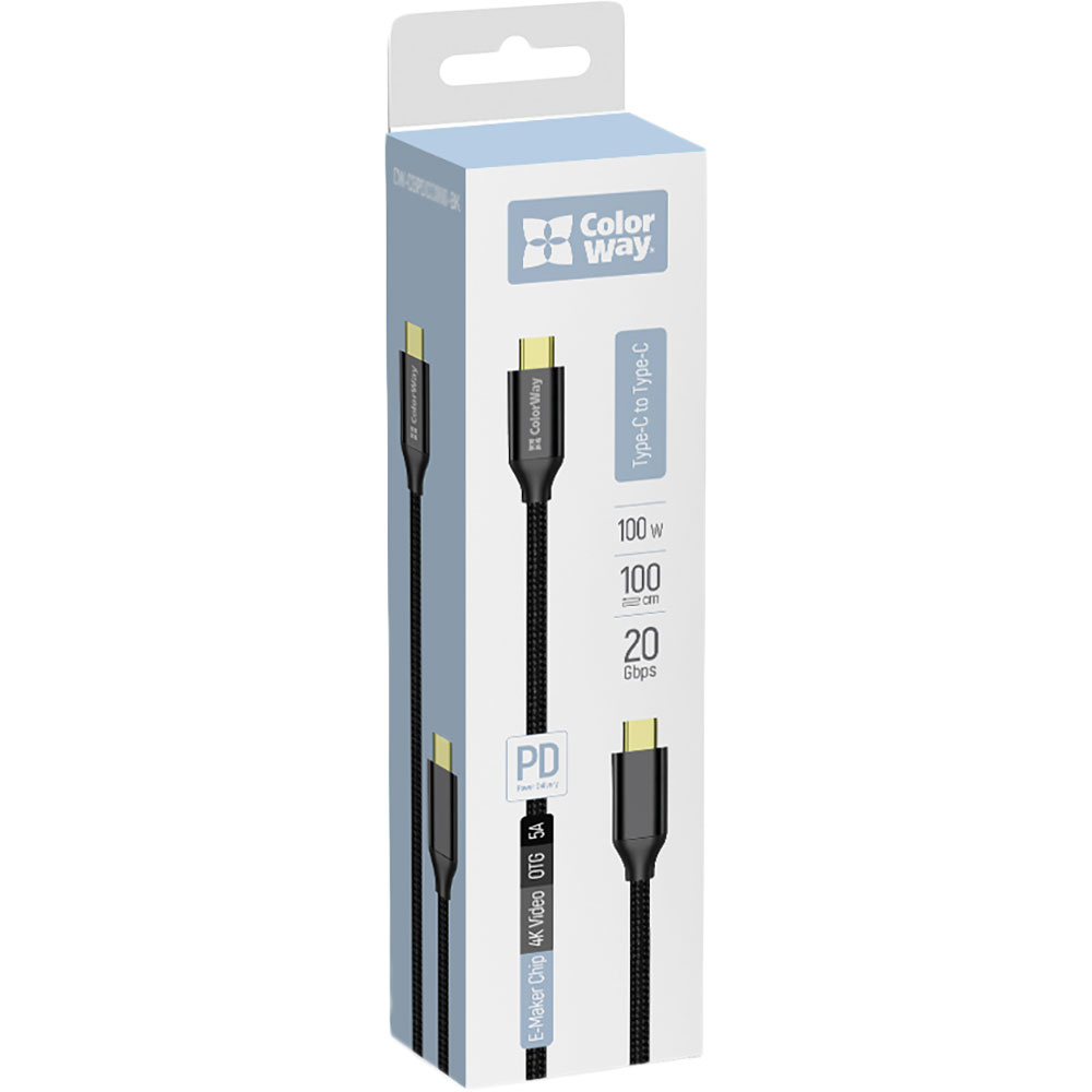 Фото 4 Кабель COLORWAY Type-C - Type-C USB3.2 Gen2 PD100W 5А 1м Black (CW-CBPDCC062-BK)