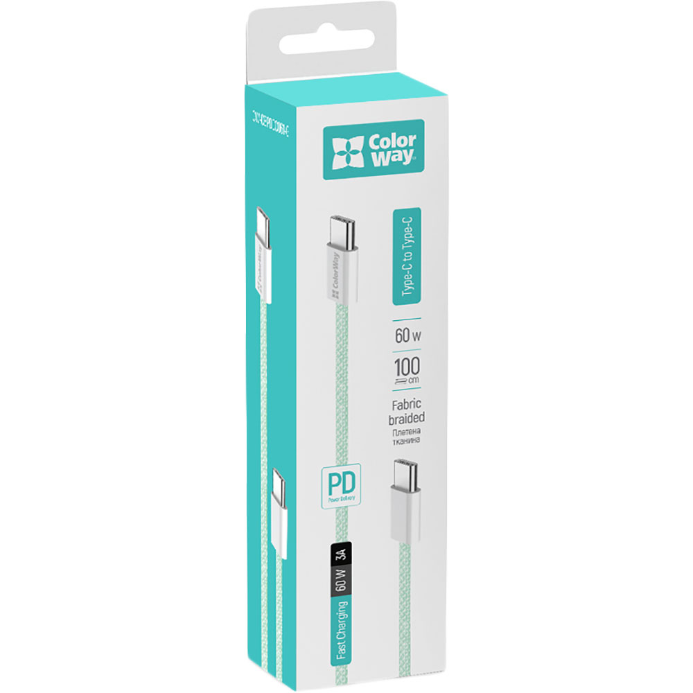 Замовити Кабель COLORWAY Type-C - Type-C PD Fast Charging 60W 3.0А 1м Green (CW-CBPDCC061-G)