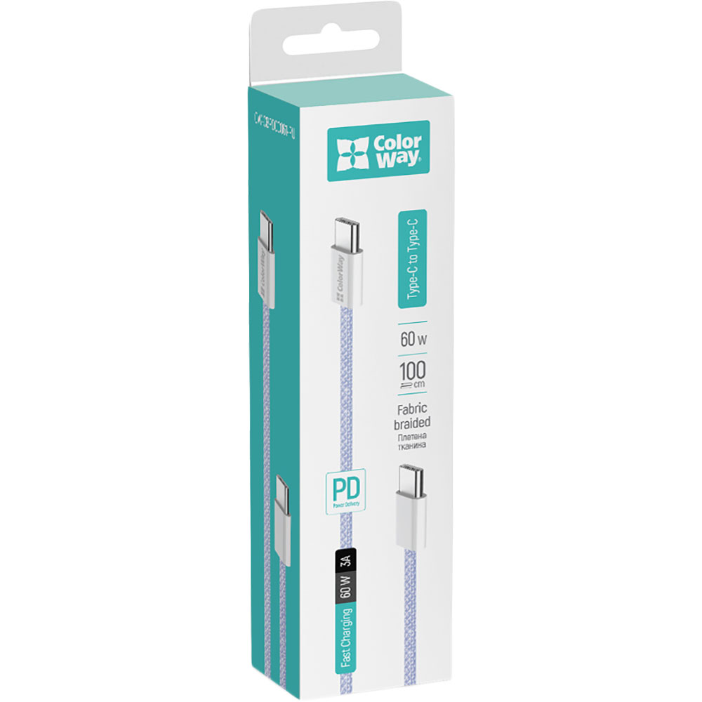 Кабель COLORWAY Type-C - Type-C PD Fast Charging 60W 3.0А 1м Purple (CW-CBPDCC061-PU) Тип USB Type-С - USB Type-С