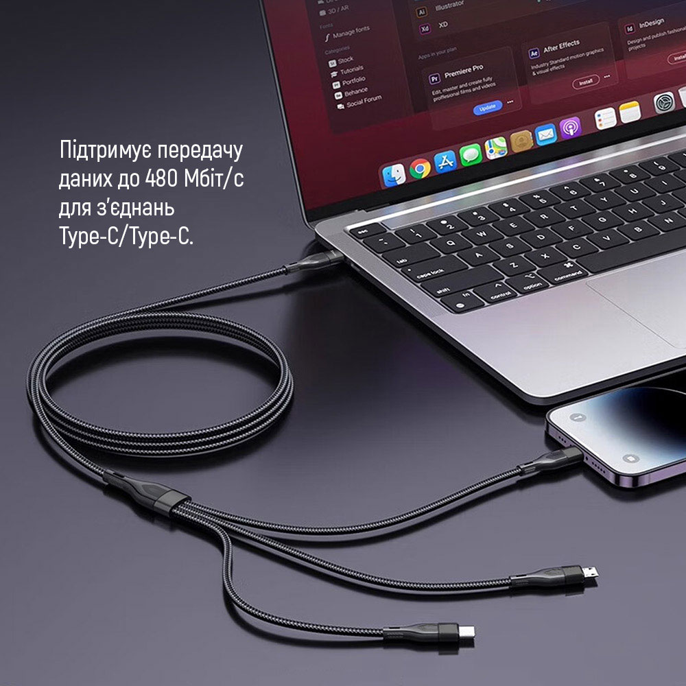 Зовнішній вигляд Кабель COLORWAY 3в1 Type-C - Lightning+MicroUSB+Type-C 3.0A 60W 1.2м Black (CW-CBPDU3060-BK)