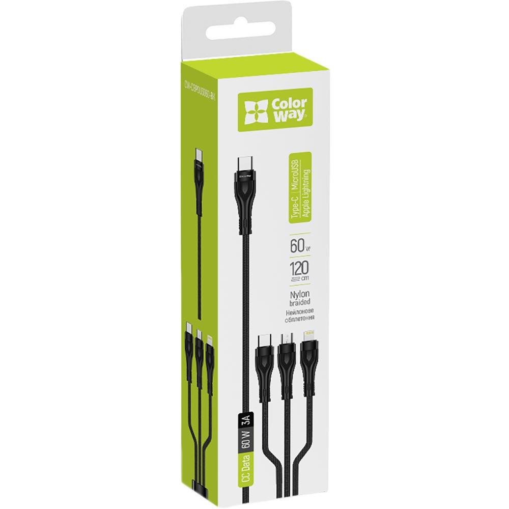 Кабель COLORWAY 3в1 Type-C - Lightning+MicroUSB+Type-C 3.0A 60W 1.2м Black (CW-CBPDU3060-BK) Тип USB/USB Type-C – Lightning/micro-USB/USB Type-C