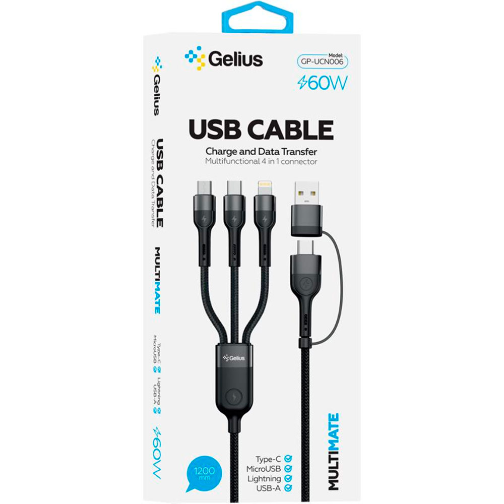 Кабель GELIUS Multimate 4in1 USB-A/Type-C для Type-C/Lightning/MicroUSB (1.2m) GP-UCN006 Black (00000098306) Тип USB/USB Type-C – Lightning/micro-USB/USB Type-C