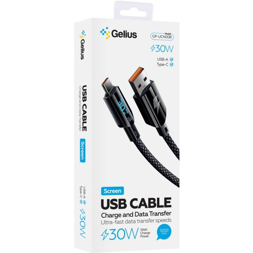 Кабель GELIUS Screen USB-A to Type-C 1.2m 30W GP-UCN008 Black (00000099207) Тип USB - USB Type-С