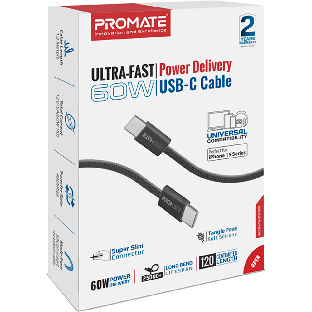 Кабель Promate EcoLine-CC120 USB-C-USB-C 1.2 м Black (ecoline-cc120.black) Тип USB Type-С - USB Type-С