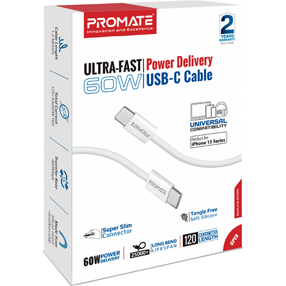 Кабель Promate EcoLine-CC120 USB-C - USB-C 1.2 м White (ecoline-cc120.white) Тип USB Type-С - USB Type-С