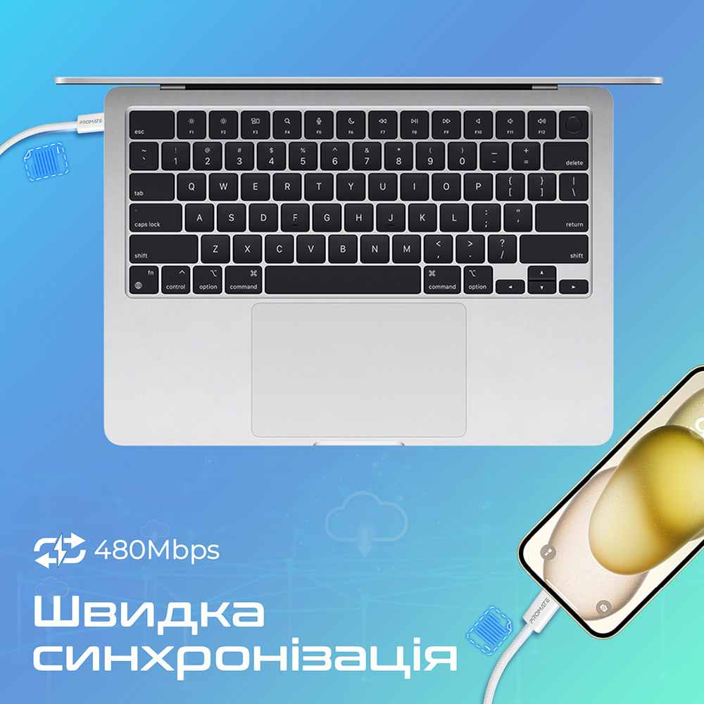 Кабель Promate EcoLine-CC120 USB-C - USB-C 1.2 м White (ecoline-cc120.white) Подсветка False