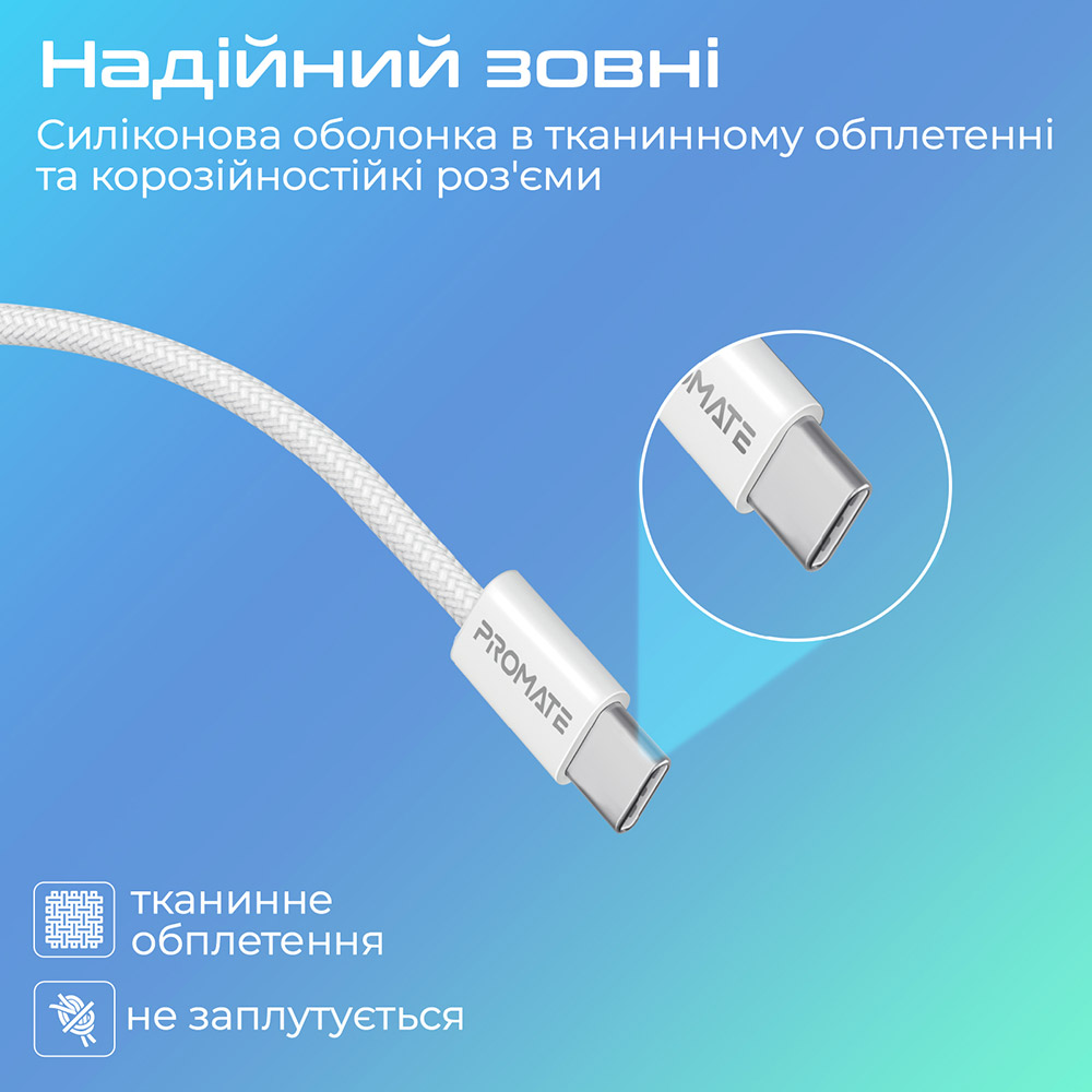 Внешний вид Кабель Promate EcoLine-CC120 USB-C - USB-C 1.2 м White (ecoline-cc120.white)