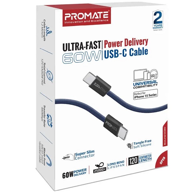 Фото Кабель PROMATE EcoLine-CC120 USB Type-C - USB Type-C 60W Power Delivery 1.2 м Navy (ecoline-cc120.navy)