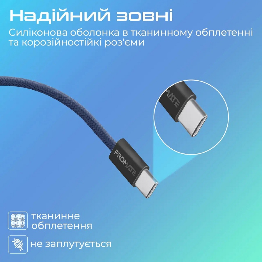 Фото 4 Кабель PROMATE EcoLine-CC120 USB Type-C - USB Type-C 60W Power Delivery 1.2 м Navy (ecoline-cc120.navy)