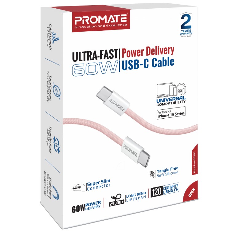 Фото Кабель PROMATE EcoLine-CC120 USB Type-C - USB Type-C 60W Power Delivery 1.2 м pink (ecoline-cc120.pink)