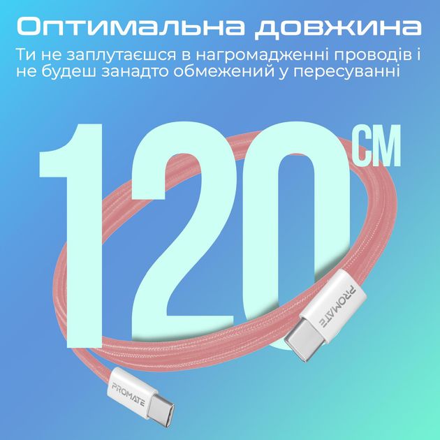 Внешний вид Кабель PROMATE EcoLine-CC120 USB Type-C - USB Type-C 60W Power Delivery 1.2 м pink (ecoline-cc120.pink)