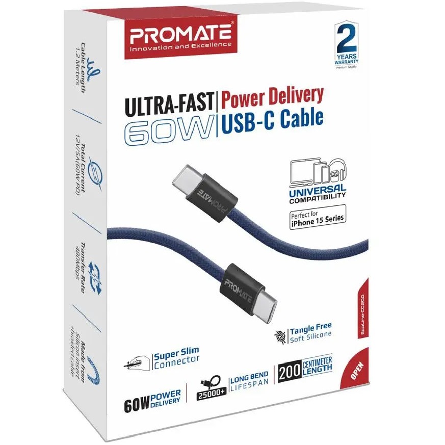 Фото Кабель PROMATE ecoline-cc200 usb-c to usb-c 60w power delivery 2 м navy (ecoline-cc200.navy)