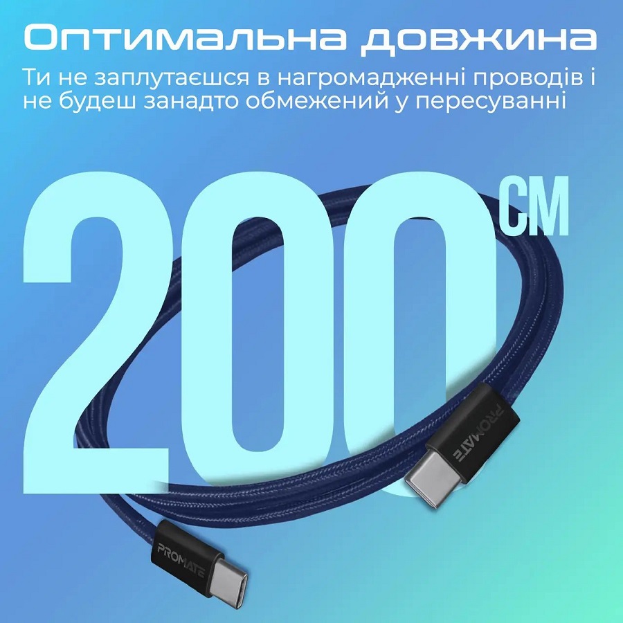 Зовнішній вигляд Кабель PROMATE ecoline-cc200 usb-c to usb-c 60w power delivery 2 м navy (ecoline-cc200.navy)