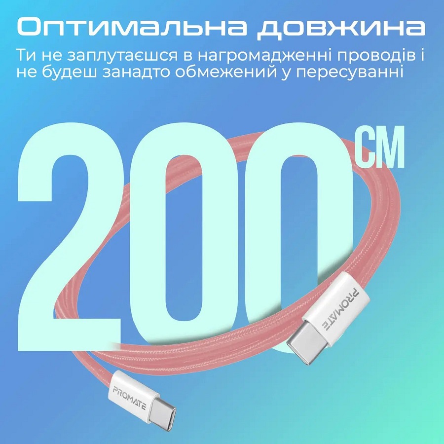 Зовнішній вигляд Кабель PROMATE ecoline-cc200 usb-c to usb-c 60w power delivery 2 м pink (ecoline-cc200.pink)