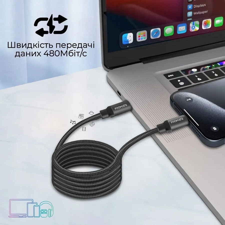 Кабель Promate Springy USB-C до USB-C 60W Power Delivery 1.2 м Black (springy.black) Довжина 1.2