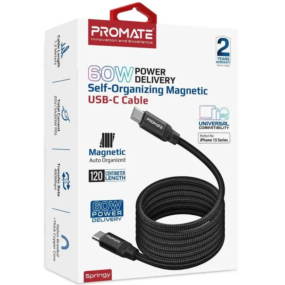 Замовити Кабель Promate Springy USB-C до USB-C 60W Power Delivery 1.2 м Black (springy.black)