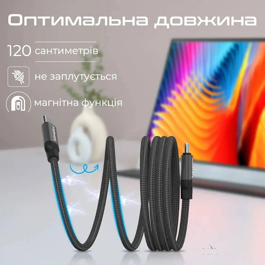 Фото Кабель Promate Springy USB-C до USB-C 60W Power Delivery 1.2 м Black (springy.black)