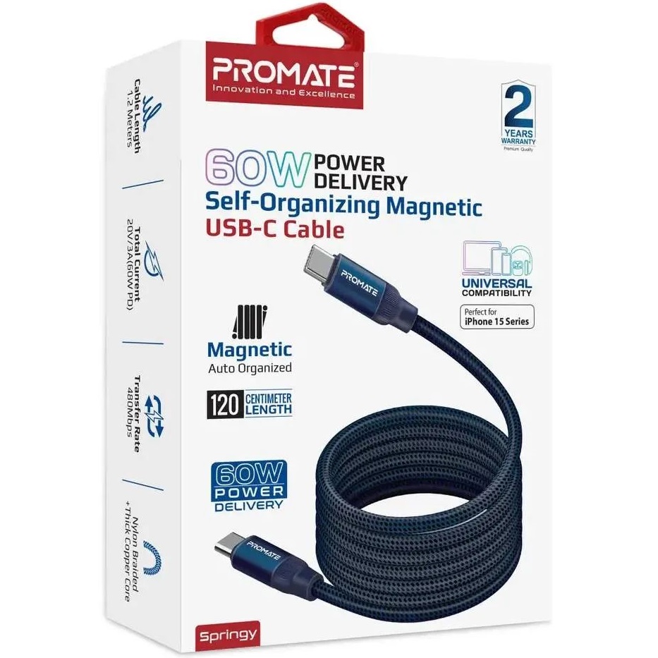 Замовити Кабель Promate Springy USB-C Power Delivery 1.2 м Blue (springy.blue)