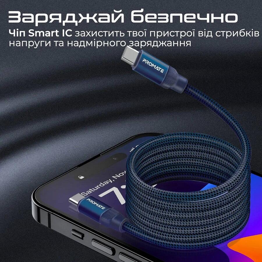 Внешний вид Кабель Promate Springy USB Type-C - USB Type-C Power Delivery 1.2 м Blue (springy.blue)