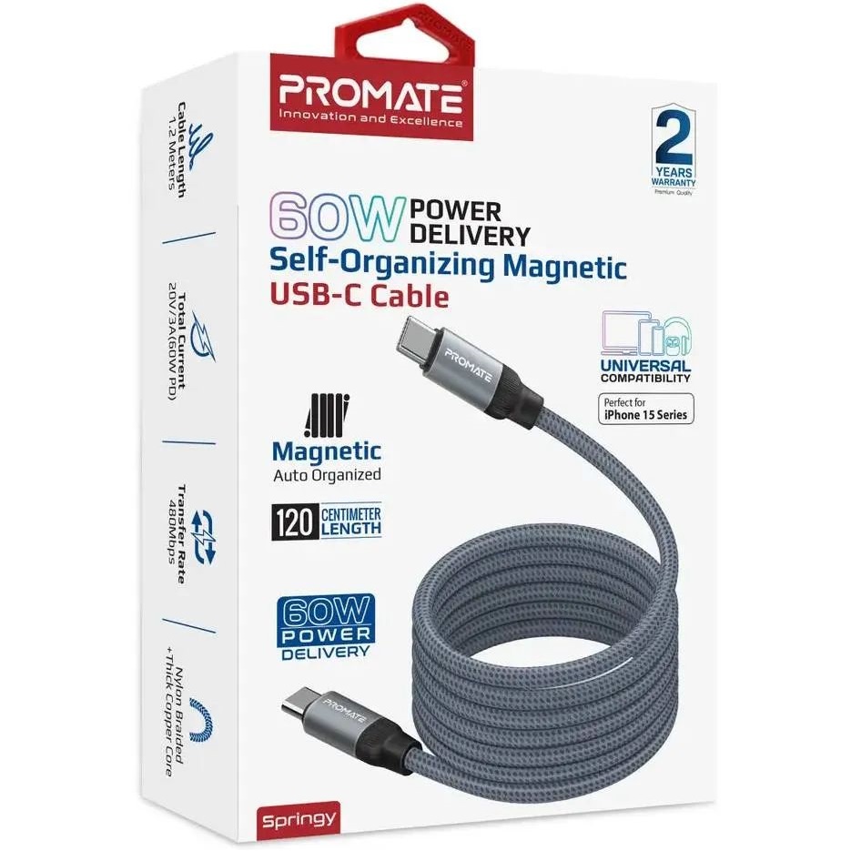 Заказать Кабель Promate Springy USB Type-C - USB Type-C Power Delivery 1.2 м Grey (springy.grey)