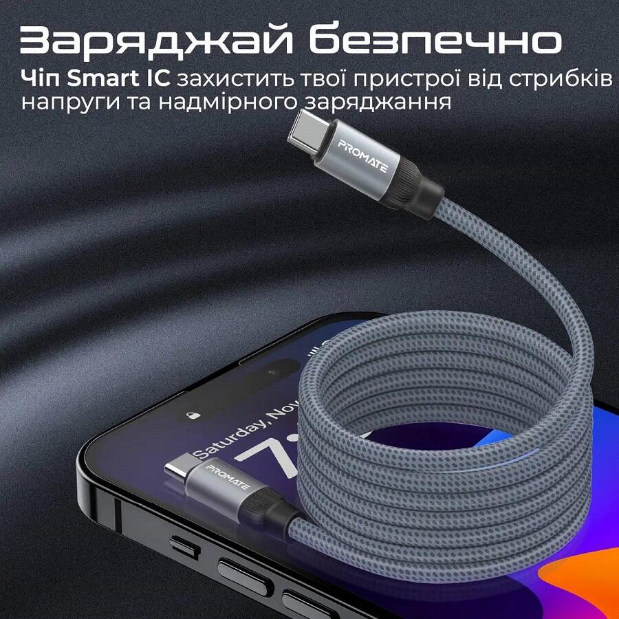 Внешний вид Кабель Promate Springy USB Type-C - USB Type-C Power Delivery 1.2 м Grey (springy.grey)