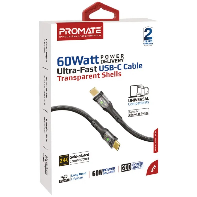 Фото Кабель Promate TransLine-CC200 USB Type-C - USB Type-C Power Delivery 2 м Black (transline-cc200.black)